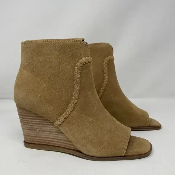 Lucky Brand Lureli Wedge Booties 9 Suede Open Toe Stacked Heel Leather Tan - Picture 4 of 8